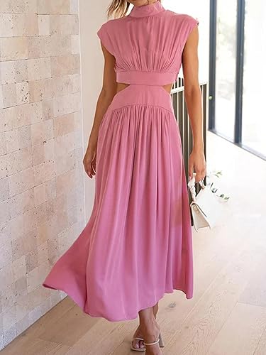 Damen ärmelloses Maxikleid mit hohem Ausschnitt und plissiertem Rock
