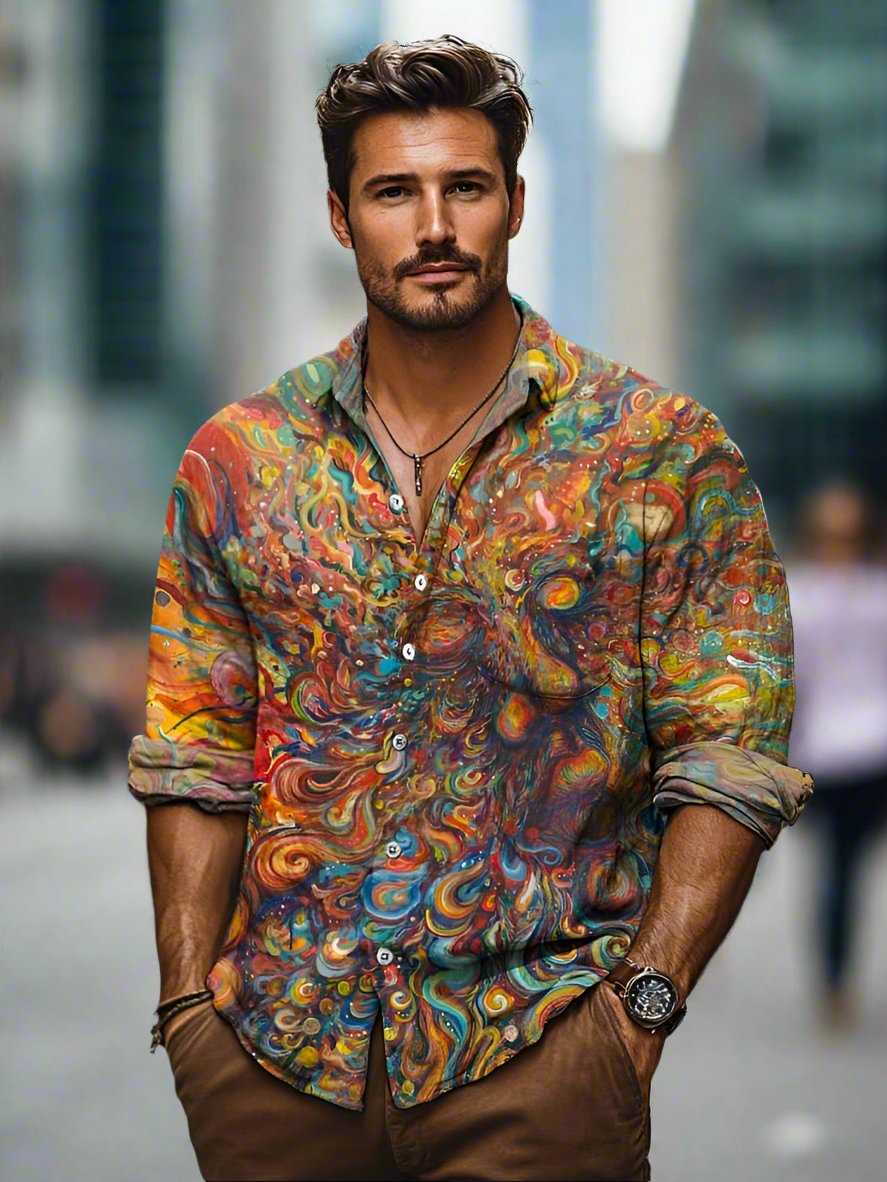 Herren Langarmshirt mit Knopfleiste und abstraktem Druck