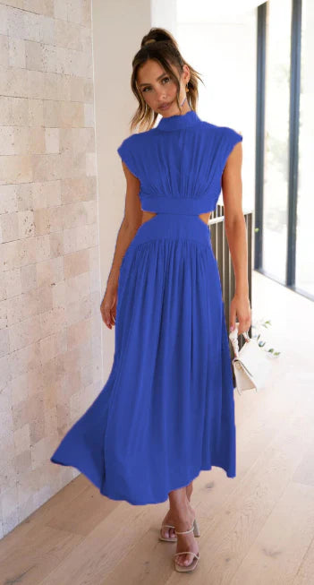 Damen ärmelloses Maxikleid mit hohem Ausschnitt und plissiertem Rock