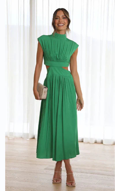 Damen ärmelloses Maxikleid mit hohem Ausschnitt und plissiertem Rock