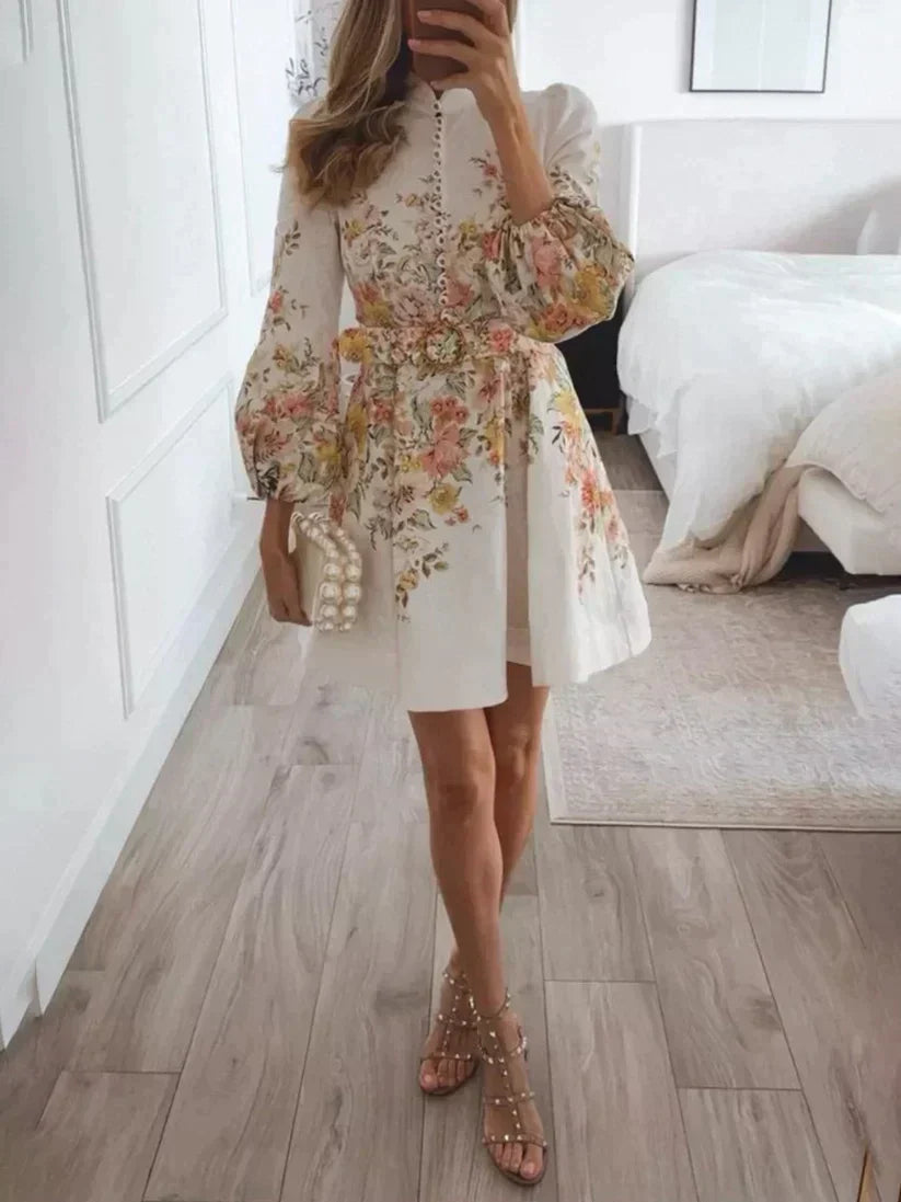 Damen Sommer Minikleid mit Blumenmuster und langen Ärmeln