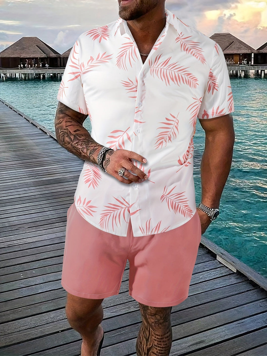 Herren Sommer-Shorts-Set mit tropischem Hemd und Taschen