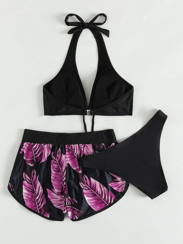 Damen Drei-Teile Bikini-Set mit V-Ausschnitt Halter-Top