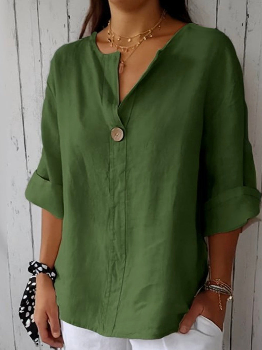 Damen Sommerbluse mit V-Ausschnitt und Dreiviertelärmeln