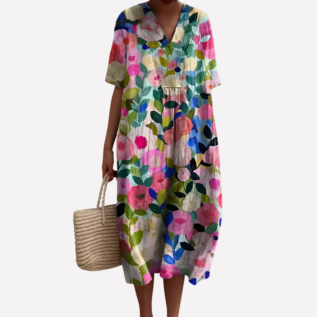 Damen Florale Sommerkleid – V-Ausschnitt & Kurze Ärmel