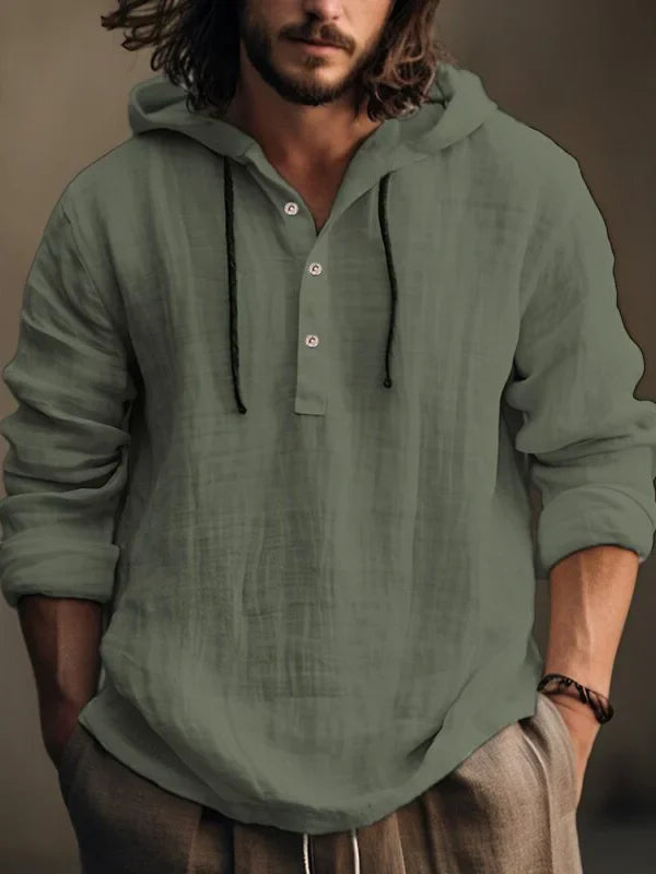 Herren Sommer-Leinen-Hoodie mit Knopfleiste