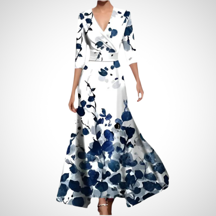 Damen Sommer Maxikleid mit V-Ausschnitt und Dreiviertelärmeln