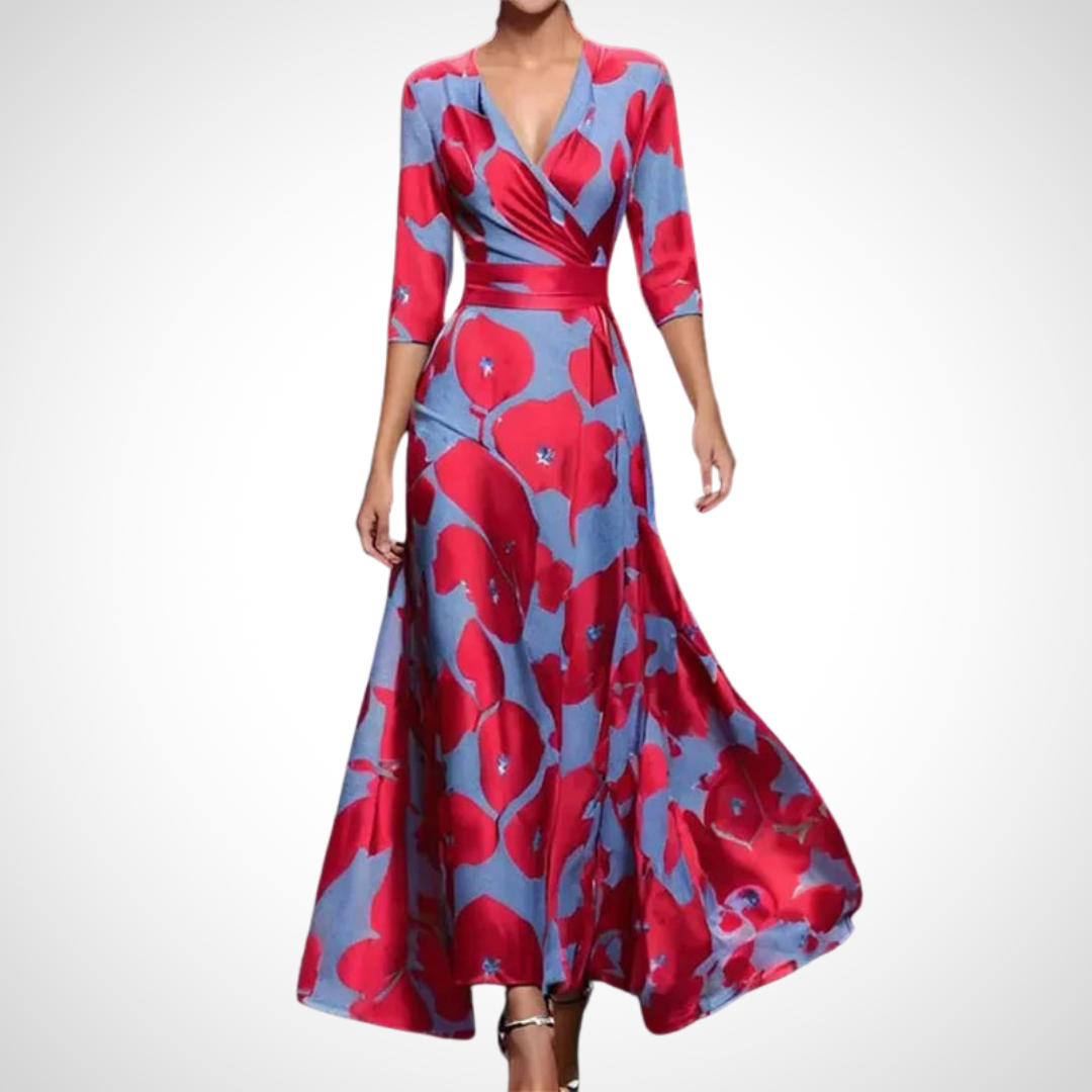 Damen Sommer Maxikleid mit V-Ausschnitt und Dreiviertelärmeln