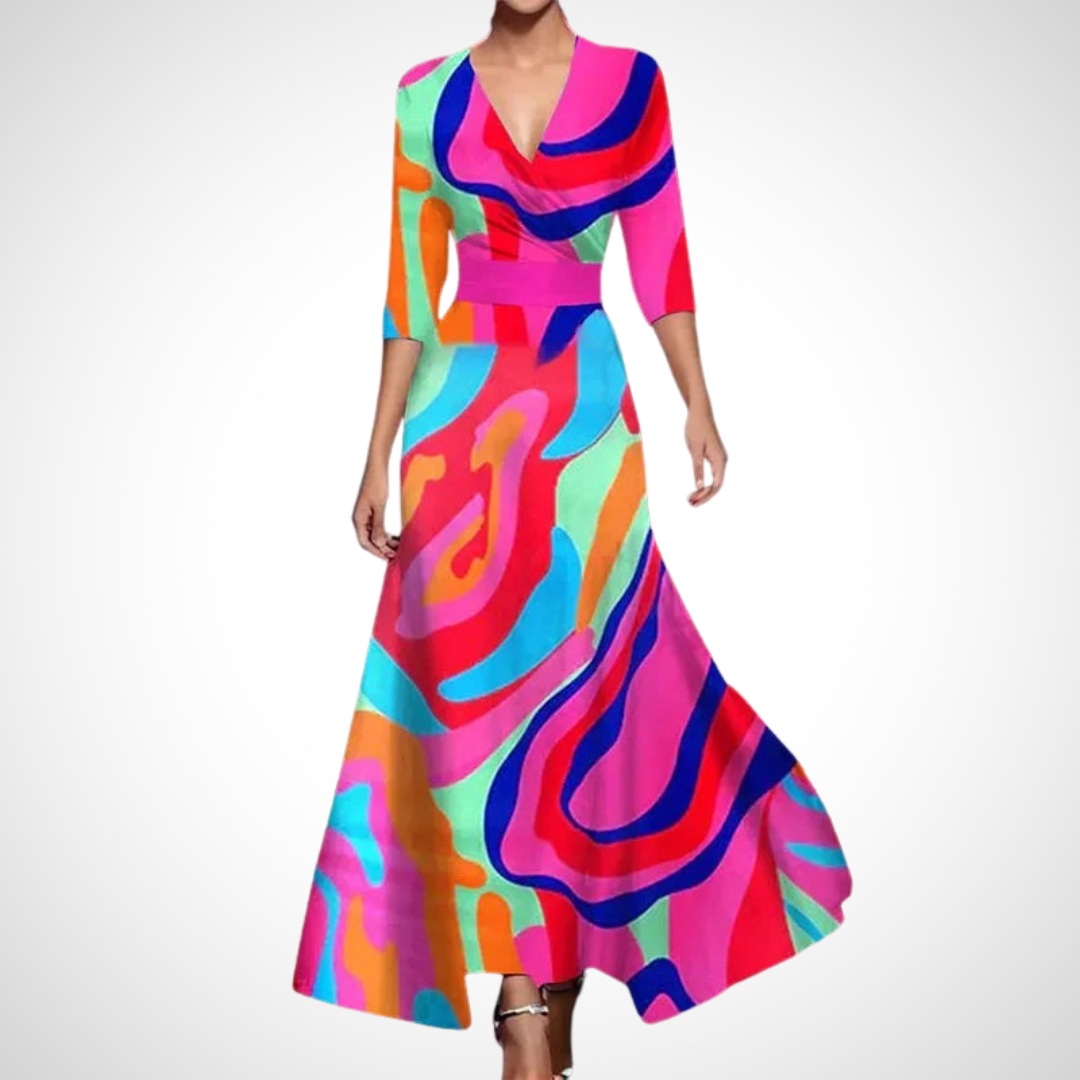 Damen Sommer Maxikleid mit V-Ausschnitt und Dreiviertelärmeln