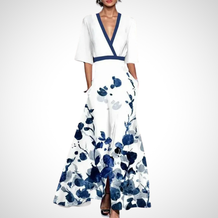 Damen Sommer Maxikleid mit V-Ausschnitt und Dreiviertelärmeln