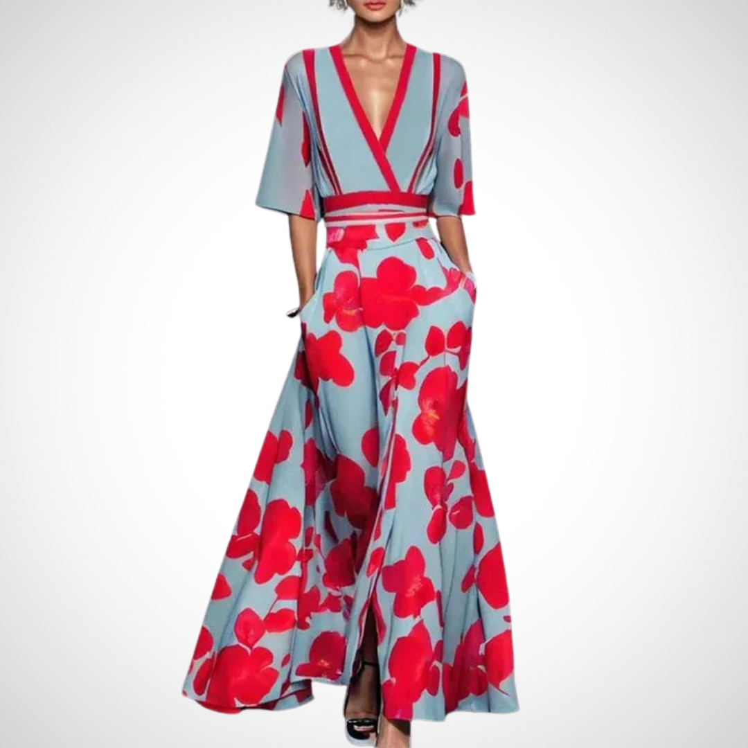Damen Sommer Maxikleid mit V-Ausschnitt und Dreiviertelärmeln