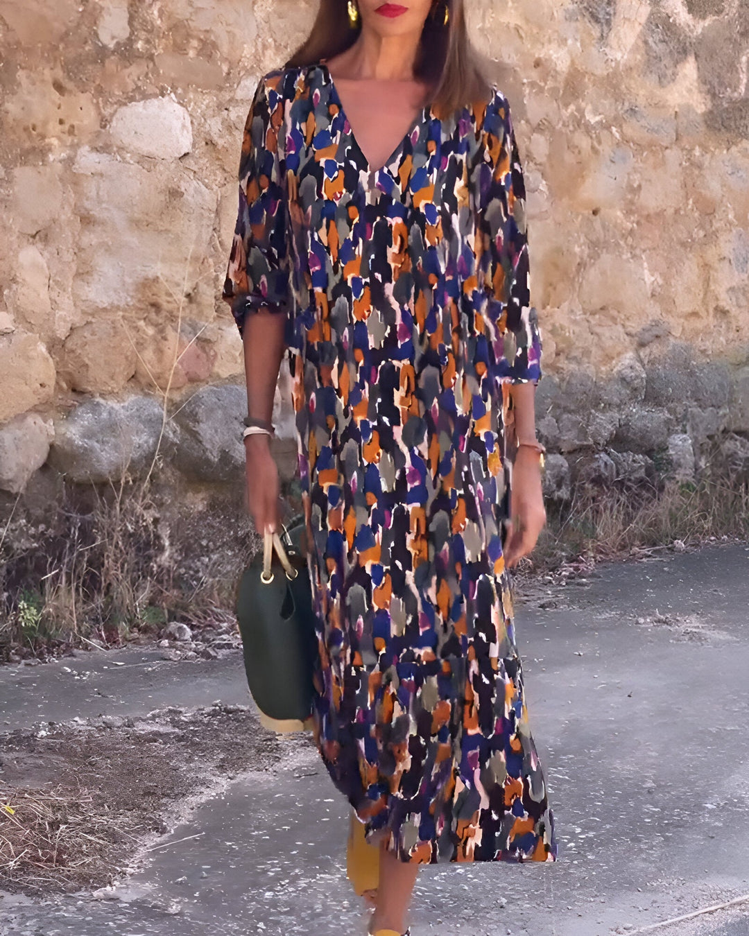 Damen Sommer Midikleid mit kurzen Ärmeln und abstraktem Print