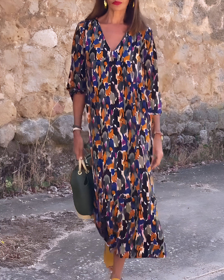 Damen Sommer Midikleid mit kurzen Ärmeln und abstraktem Print