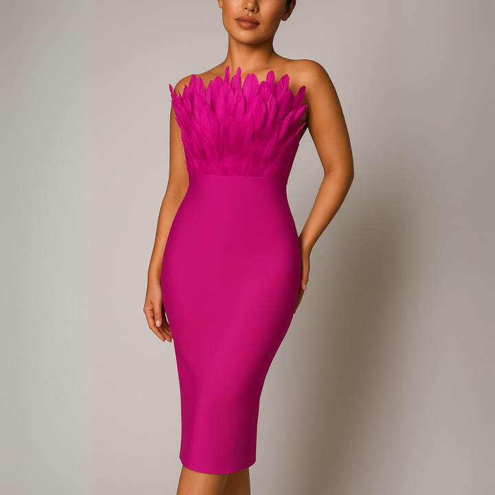 Trägerloses Midikleid für Damen mit Federbesatz