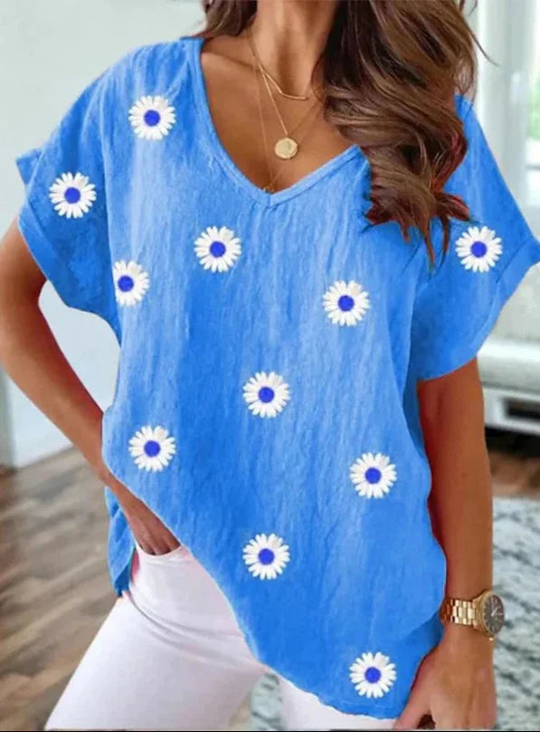 Lässiges T-Shirt mit V-Ausschnitt und 3D-Blumenprint