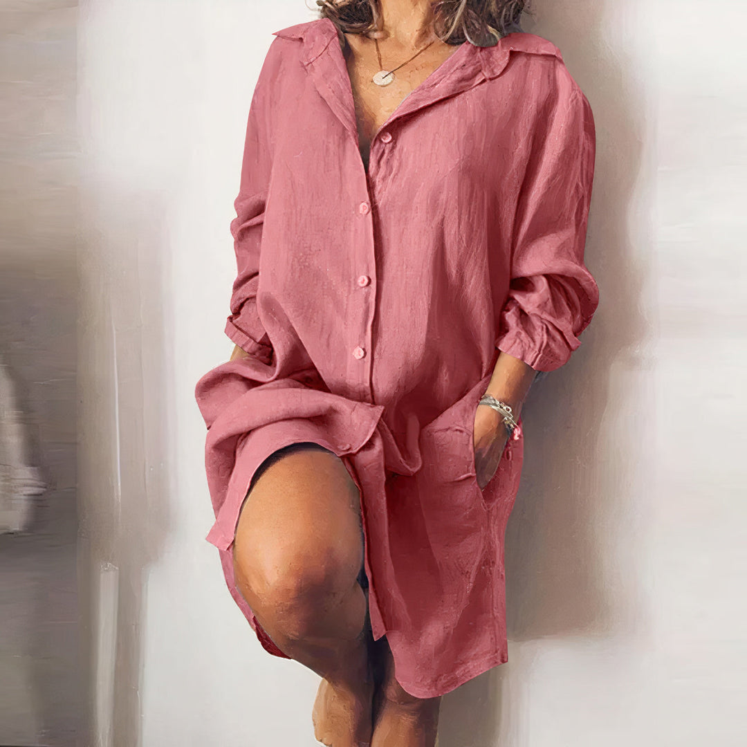 Damen Leinenhemdkleid mit langen Ärmeln