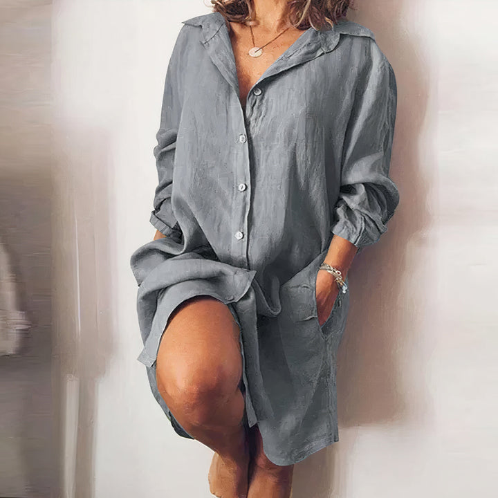 Damen Leinenhemdkleid mit langen Ärmeln