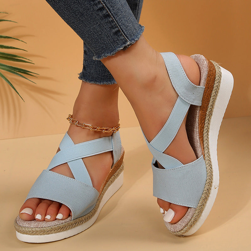 Damen Sommer-Wedgesandalen mit Plateausohle und Kreuzriemen