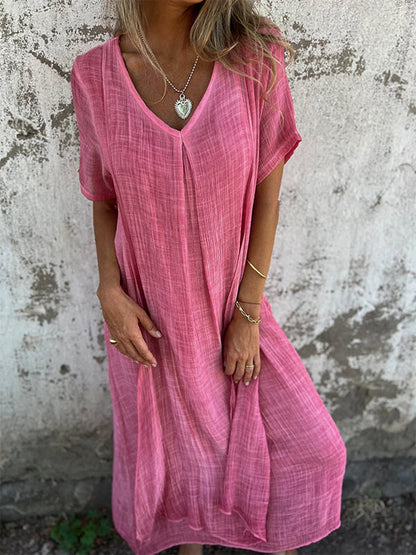 Damen Leinen Midikleid für den Sommer mit V-Ausschnitt