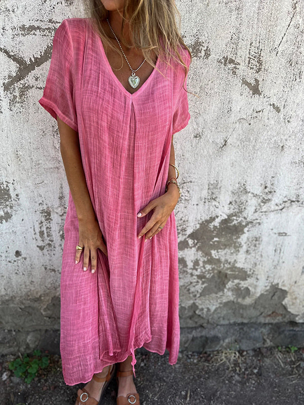 Damen Leinen Midikleid für den Sommer mit V-Ausschnitt
