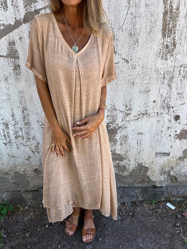 Damen Leinen Midikleid für den Sommer mit V-Ausschnitt