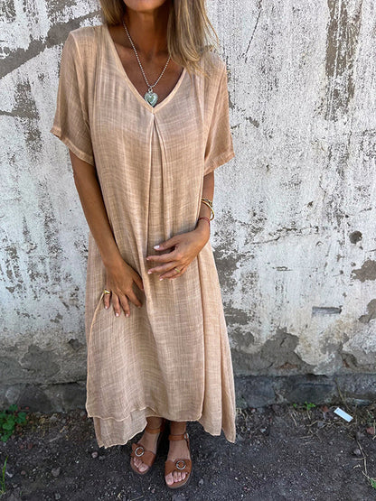Damen Leinen Midikleid für den Sommer mit V-Ausschnitt