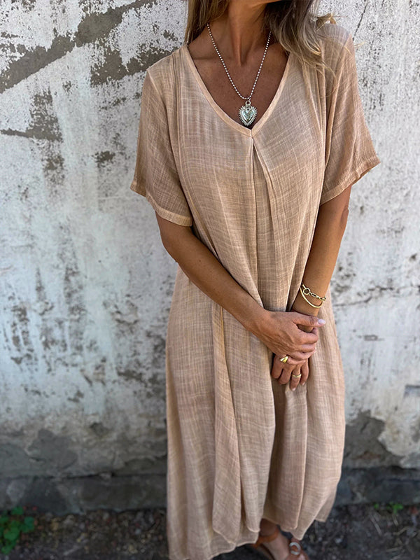 Damen Leinen Midikleid für den Sommer mit V-Ausschnitt