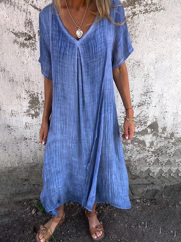 Damen Leinen Midikleid für den Sommer mit V-Ausschnitt