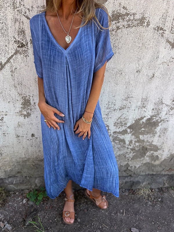 Damen Leinen Midikleid für den Sommer mit V-Ausschnitt