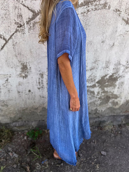 Damen Leinen Midikleid für den Sommer mit V-Ausschnitt