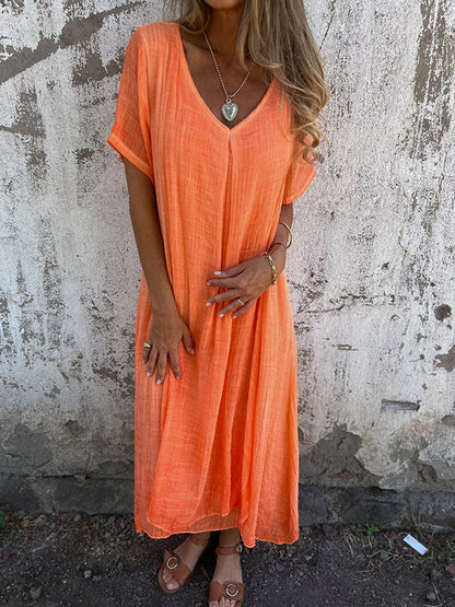 Damen Leinen Midikleid für den Sommer mit V-Ausschnitt