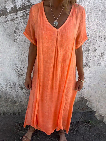 Damen Leinen Midikleid für den Sommer mit V-Ausschnitt