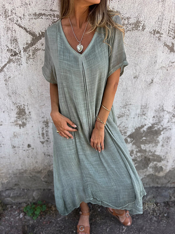 Damen Leinen Midikleid für den Sommer mit V-Ausschnitt