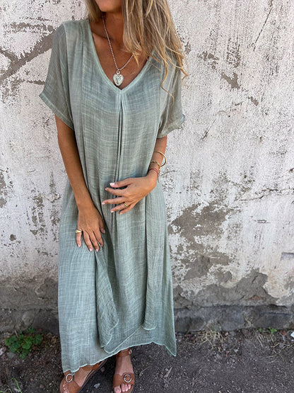 Damen Leinen Midikleid für den Sommer mit V-Ausschnitt
