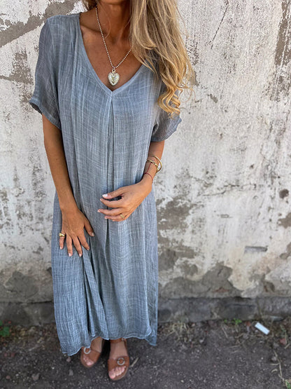 Damen Leinen Midikleid für den Sommer mit V-Ausschnitt