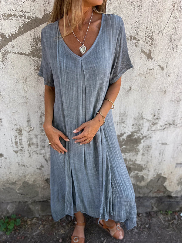 Damen Leinen Midikleid für den Sommer mit V-Ausschnitt