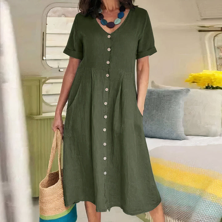 Damen Sommer Leinen Midi Kleid mit V-Ausschnitt und Taschen