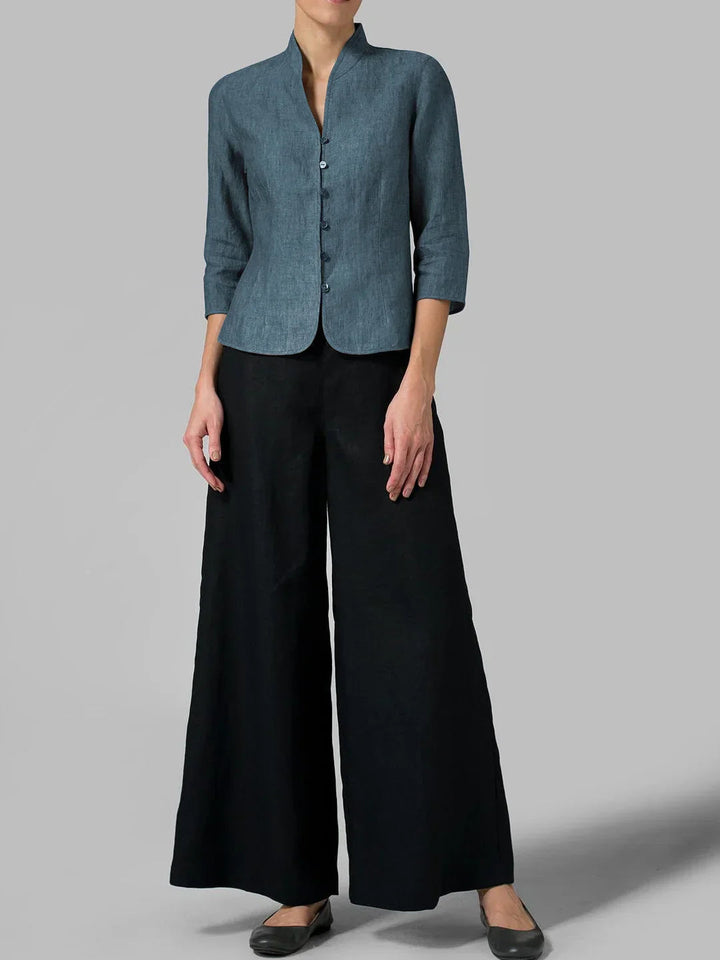 Damen Sommerbluse mit Stehkragen und Knopfleiste