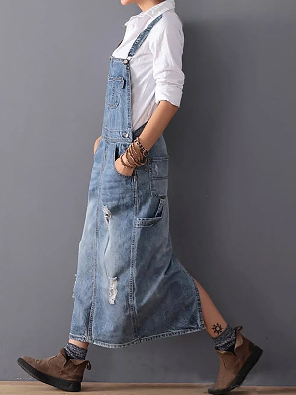 Damen Latzkleid aus Denim mit Trägern und Taschen
