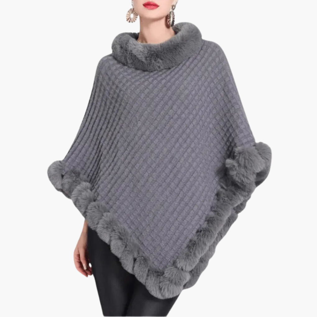Damen Strick-Poncho mit Kunstfellbesatz und Übergröße
