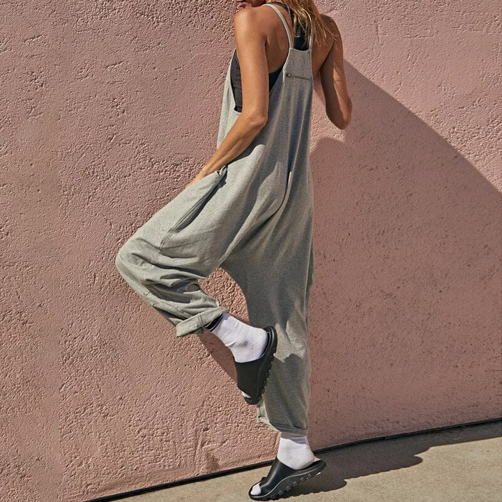 Damen Sommer-Jumpsuit mit Rundhalsausschnitt und Taschen