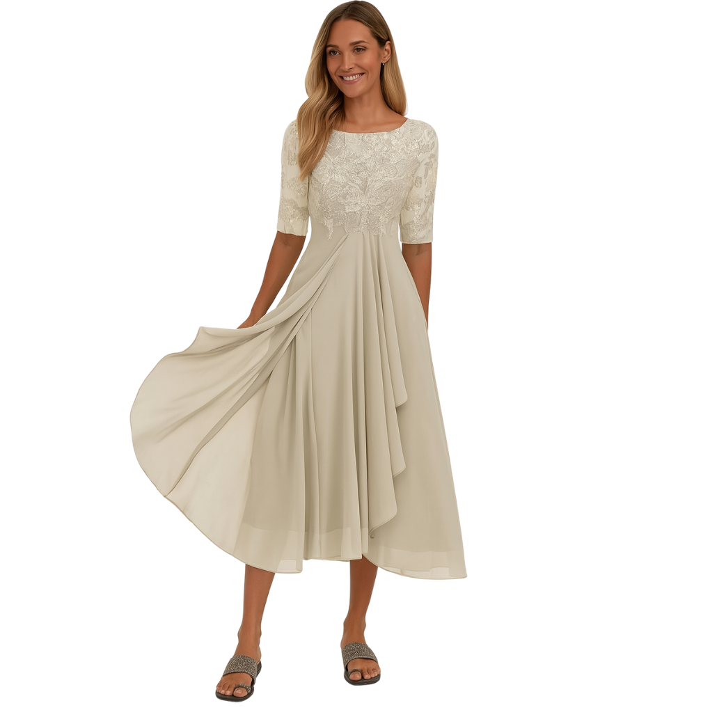 Damen Spitze & Chiffon Midi Kleid