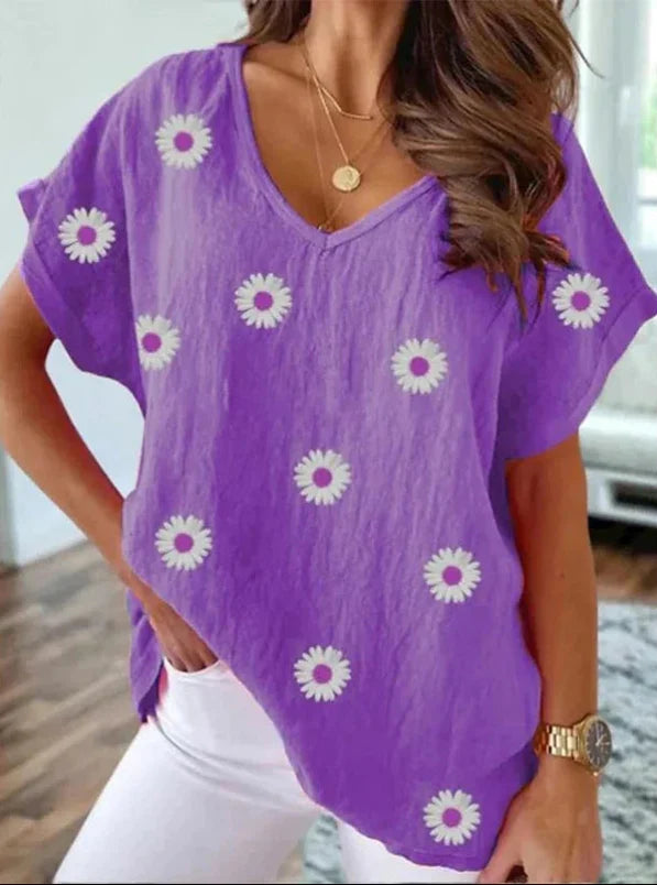 Lässiges T-Shirt mit V-Ausschnitt und 3D-Blumenprint
