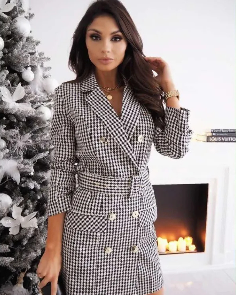 Damen Mini-Kleid im Blazer-Stil mit langen Ärmeln und Gürtel