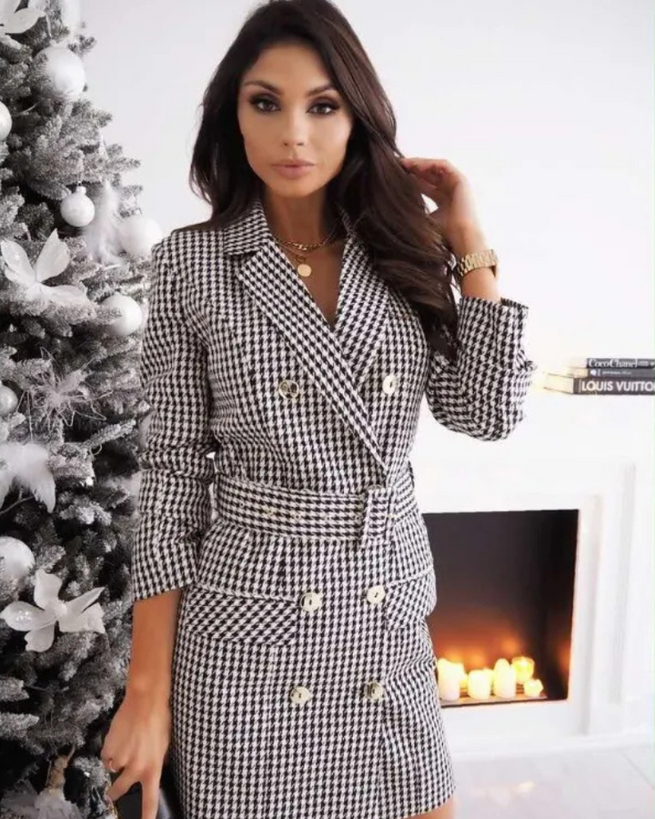 Damen Mini-Kleid im Blazer-Stil mit langen Ärmeln und Gürtel