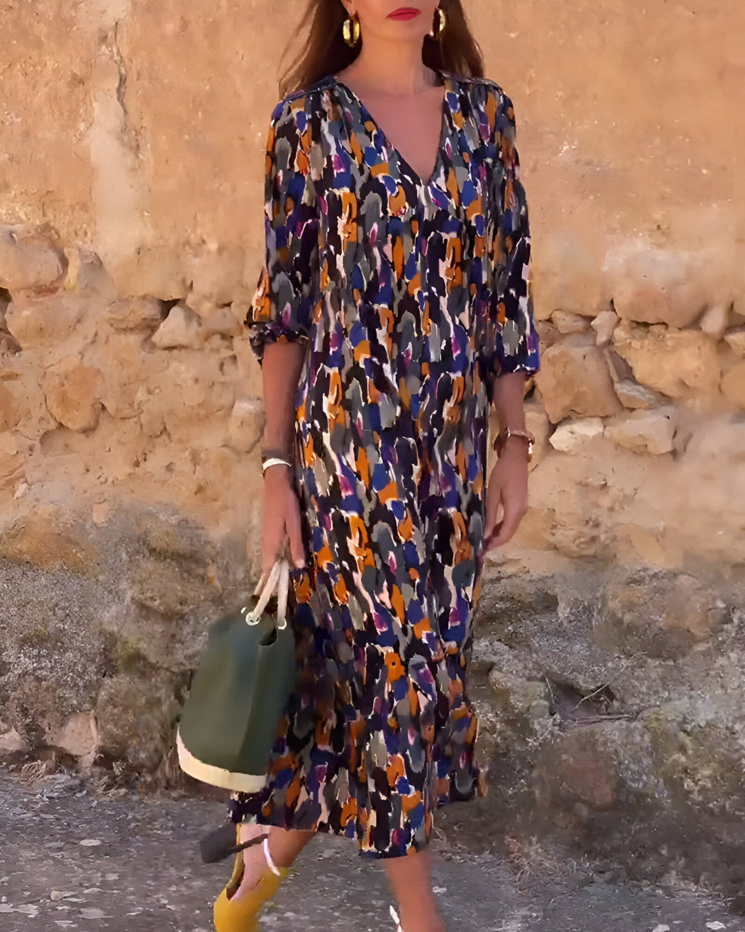 Damen Sommer Midikleid mit kurzen Ärmeln und abstraktem Print