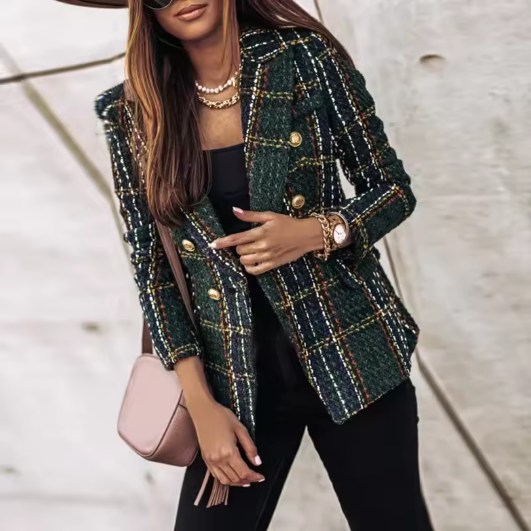 Eleganter Damenblazer mit Muster und goldenen Knöpfen