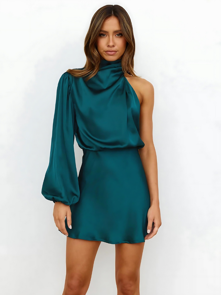 Damen Sommer Minikleid mit One-Shoulder und langem Ärmel