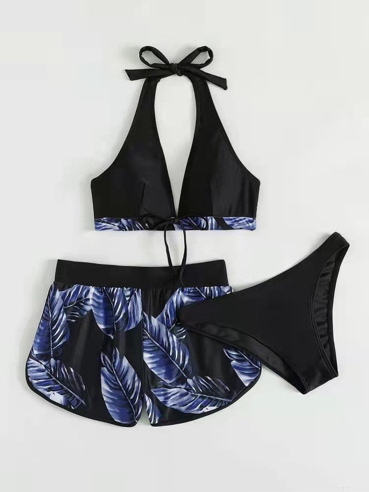 Damen Drei-Teile Bikini-Set mit V-Ausschnitt Halter-Top