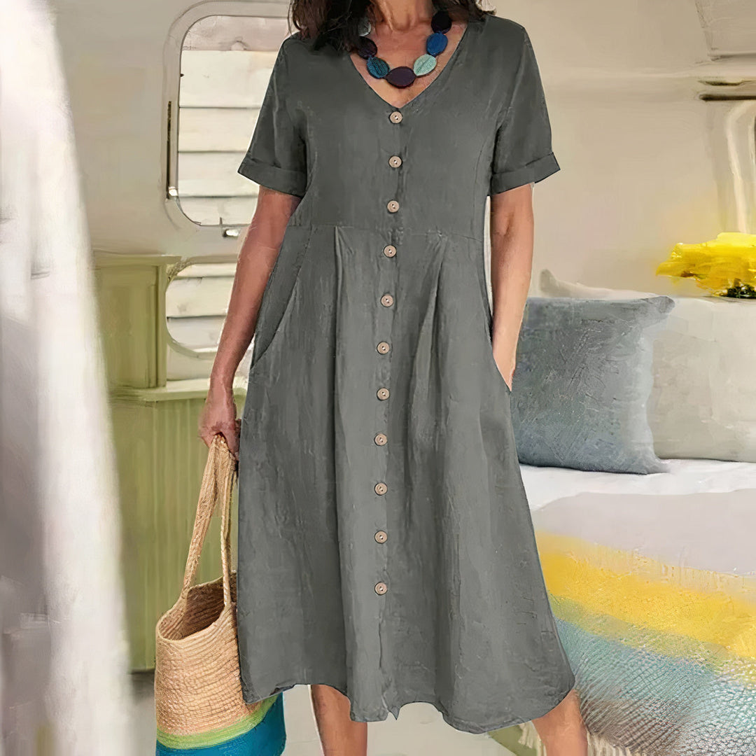 Damen Sommer Leinen Midi Kleid mit V-Ausschnitt und Taschen